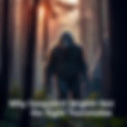 A large, furry creature resembling Sasquatch standing among trees in a dense forest.