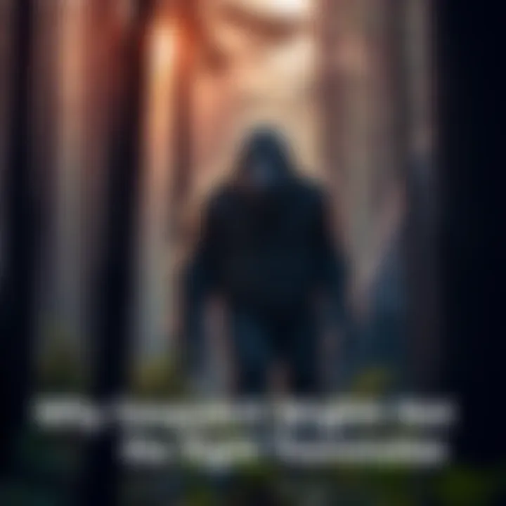 A large, furry creature resembling Sasquatch standing among trees in a dense forest.