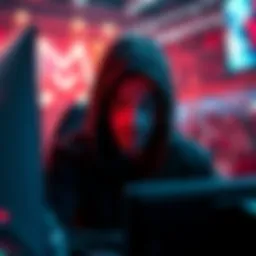A gaming player in a dark hoodie, face partially obscured, with intense focus on the screen, surrounded by gaming equipment and a cheering crowd in the background.