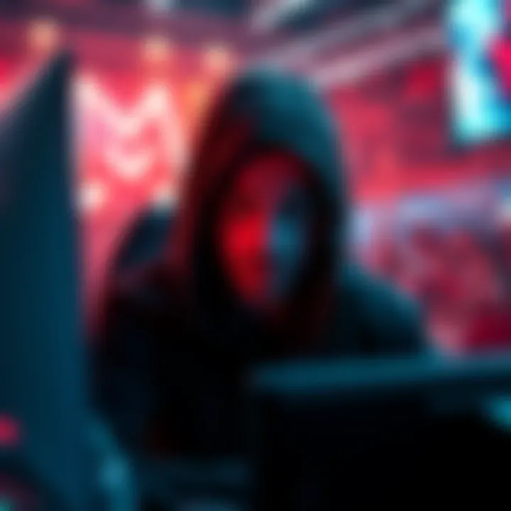 Satanic Player Match A gaming player in a dark hoodie, face partially obscured, with intense focus on the screen, surrounded by gaming equipment and a cheering crowd in the background.