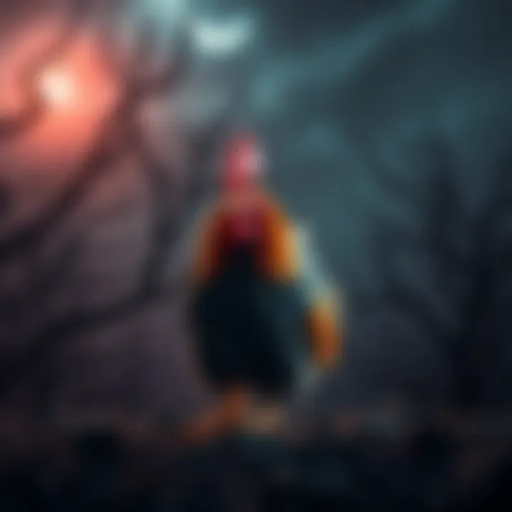 A colorful chicken with a quirky expression, surrounded by dark trees and a mysterious sky, representing folklore about Satan’s pet chicken