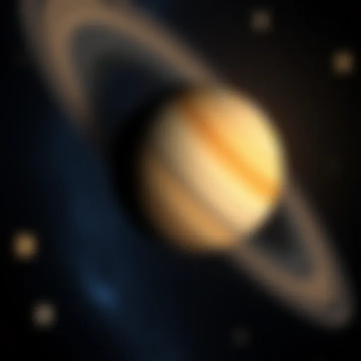 Saturn with rings and moons A view of Saturn showing its bright rings and several of its moons in orbit, set against a dark space background.