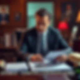 Saul Goodman sitting at a desk with legal papers, thinking of ways to outsmart Calypso