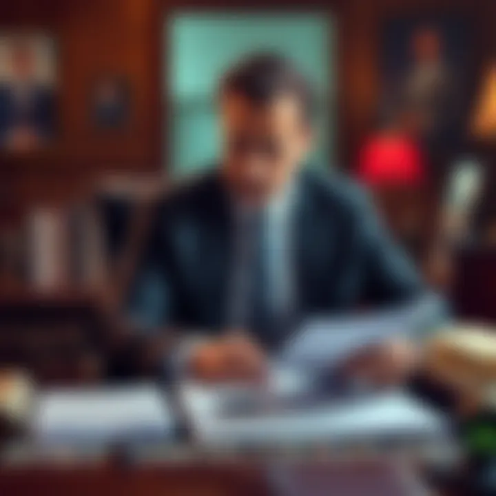 Saul Goodman sitting at a desk with legal papers, thinking of ways to outsmart Calypso