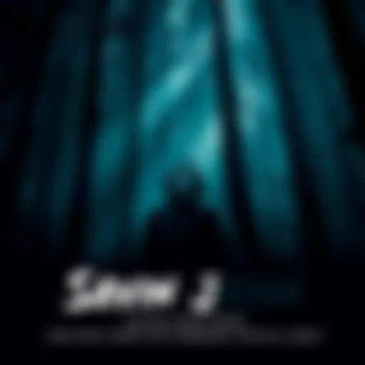 Savini Jason stands in a shadowy forest, wearing a mask, surrounded by trees and fog, embodying the classic horror character.