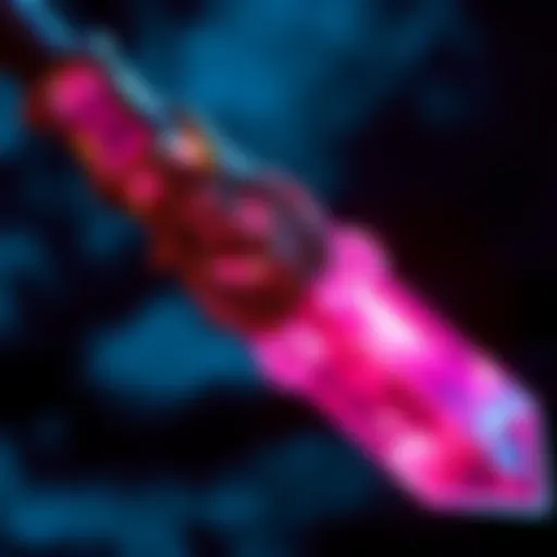 A close-up view of Scaldra's weapon made with glowing argon crystals, showcasing its unique design and shimmering surfaces.