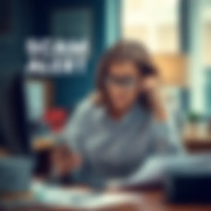 An upset woman sitting at a desk with a phone in hand, showing frustration after falling victim to a scam while trying to pay attorney fees.