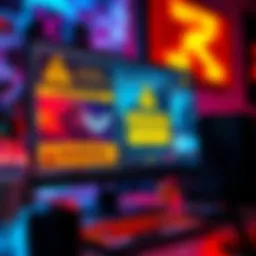 A computer screen displaying misleading advertisements for PC gaming services, with warning signs and red flags indicated.