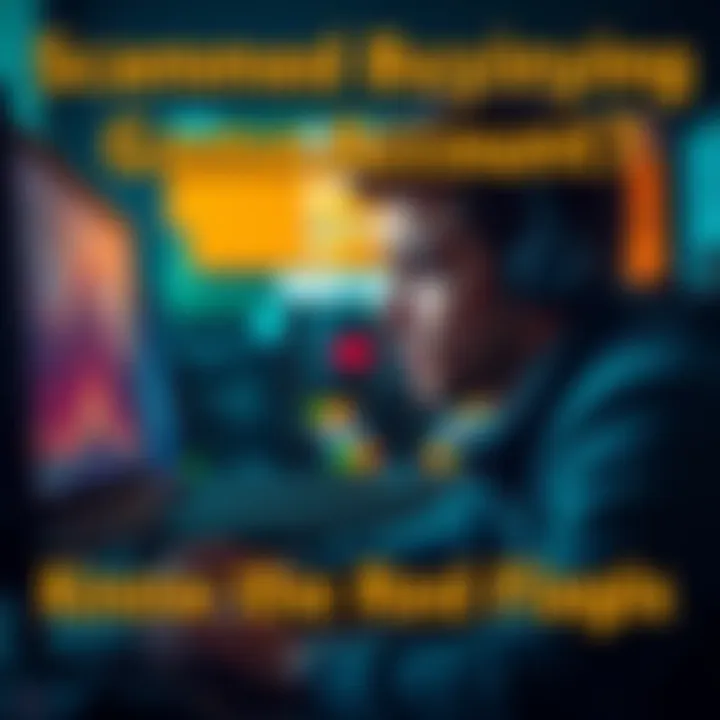 A worried gamer looks at their computer screen, realizing they were scammed after buying a game account, showing signs of frustration and confusion.
