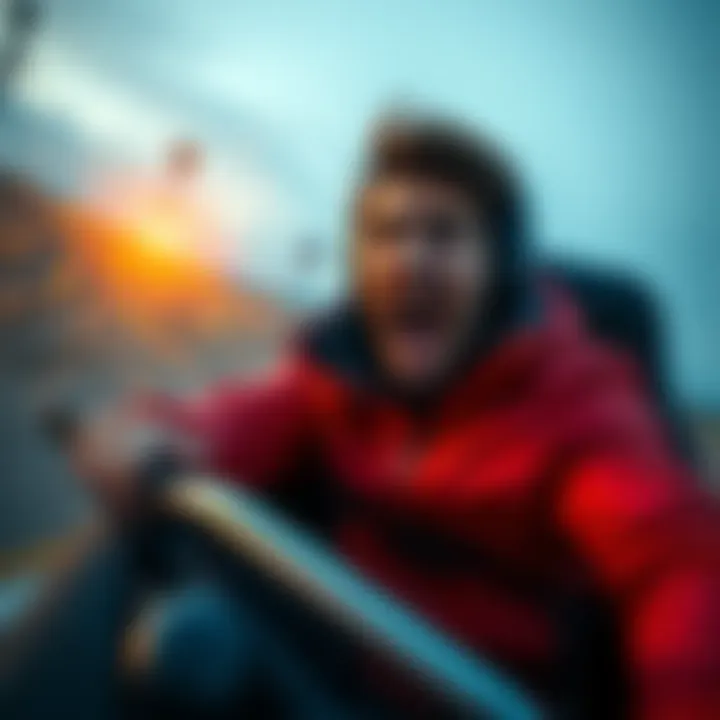 A person showing fear and excitement while riding a B run, capturing the thrilling moment.