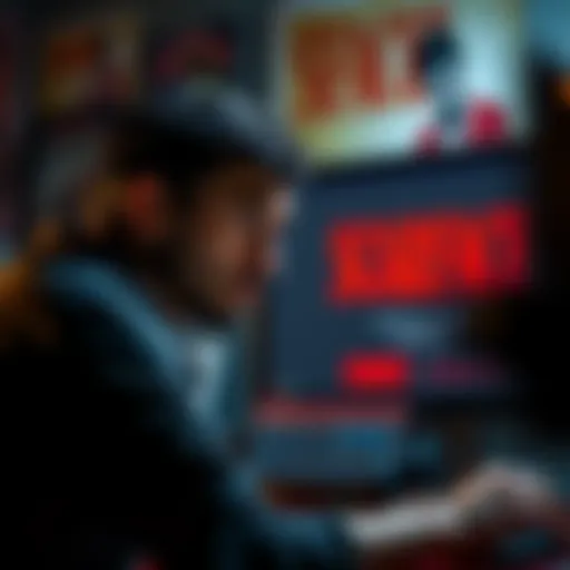 A modder looks worried while discussing the Scarface game remaster controversy, showing a computer screen with game graphics and a Scarface poster in the background.