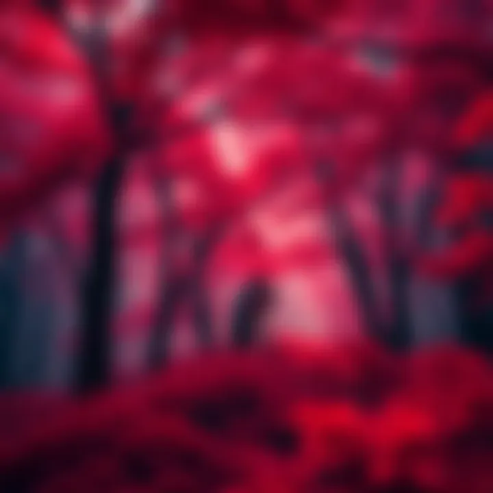 A tranquil scene showcasing the vibrant red foliage of the scarlet forest, symbolizing love and unity in nature.