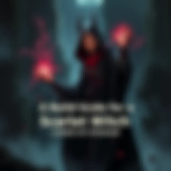 A character resembling a Scarlet Witch, dressed in dark robes, casting spells in a gothic setting with mist and shadows around