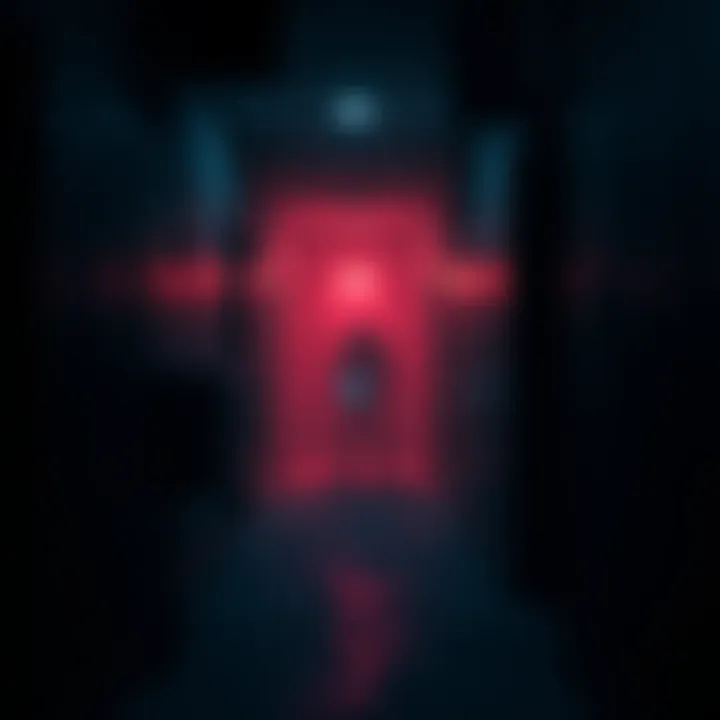 A tense moment in a horror game featuring a shadowy figure lurking in a dimly lit hallway, creating a frightening environment.