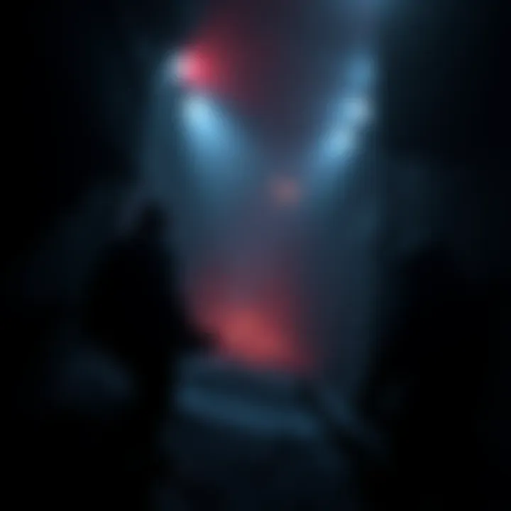 A chilling multiplayer horror game setting with dark shadows and eerie atmosphere.