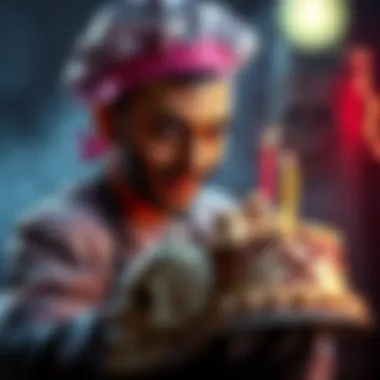 A baker with a spooky expression holding a cake decorated with ghosts and skulls