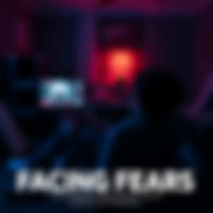 A player sitting in a dimly lit room, holding a game controller while looking tense on the screen, showcasing a suspenseful moment from a scary game.