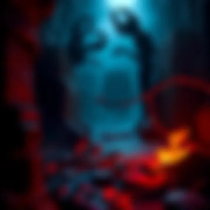 Scary gaming environment A dark, eerie gaming location with unsettling visuals, evoking fear in players. Shadows loom and strange shapes are seen in the background.