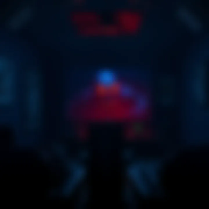 A dark gaming room with a glowing screen showing a scary monster, creating a tense atmosphere.