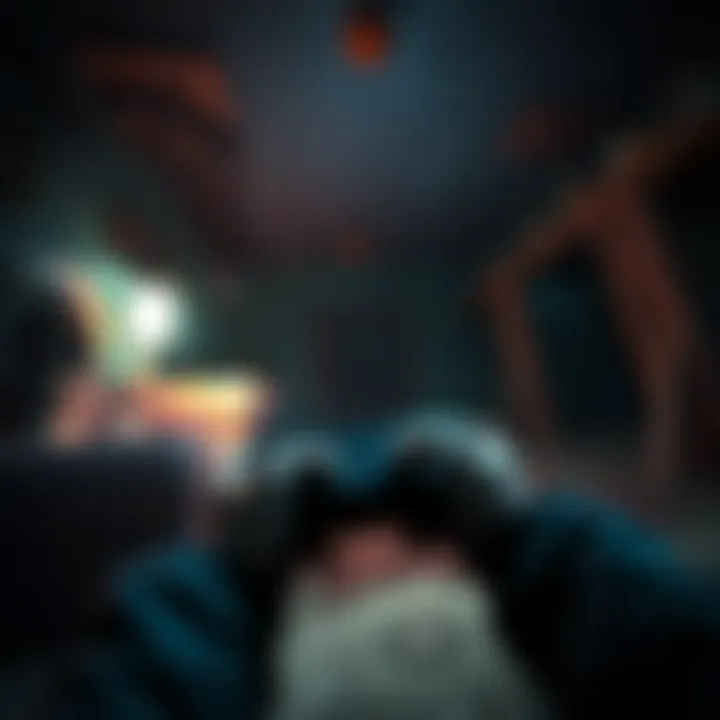 A dimly lit room with eerie shadows and a player gripping a controller, looking tense as they face a horror game on screen.
