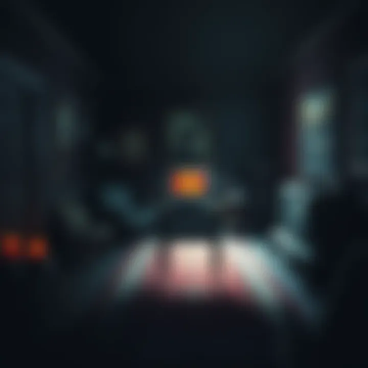 A dark, eerie room with shadows and an unsettling atmosphere, featuring an old computer and spooky decorations, representing horror games.