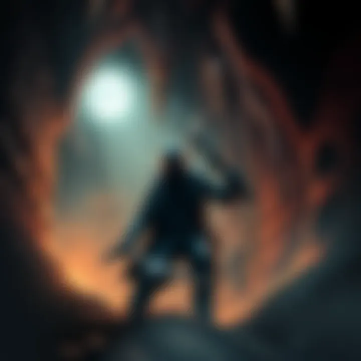 A dark urban setting with a character holding a crossbow, shadows of monsters loom in catacombs behind