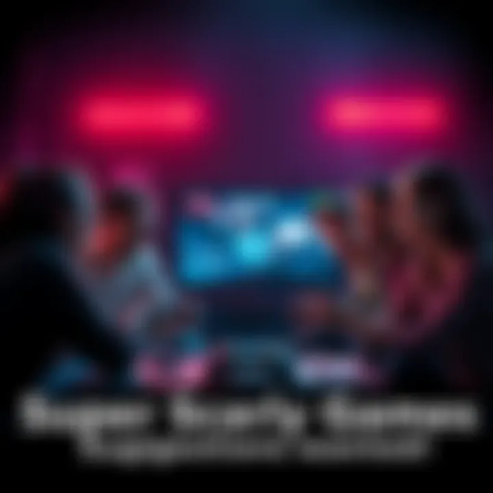 A dark gaming room with a PlayStation console and a group of friends playing a horror game together, showing intense expressions on their faces.