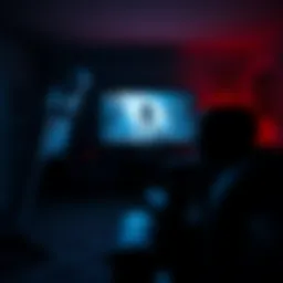 Scary Video Game Scene A dark room with a gamer playing a horror video game on a console, showing a suspenseful moment on the screen.
