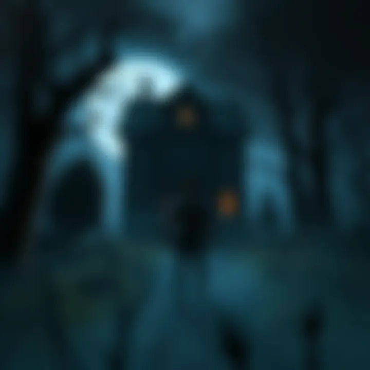 A dark, eerie gaming environment with a character standing cautiously in front of a haunted house, surrounded by shadows and creepy trees.