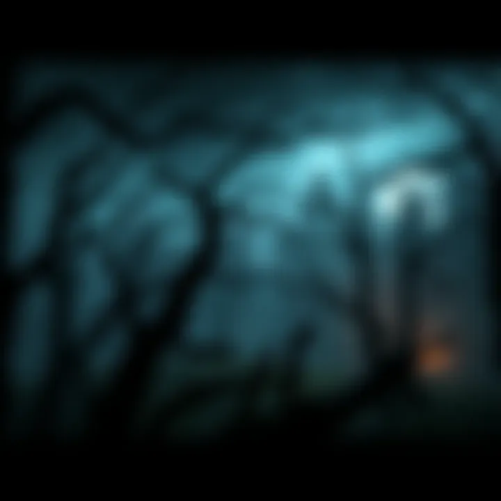 A dark and eerie landscape from a horror video game, featuring twisted trees and ominous shadows, creating a sense of danger and despair.