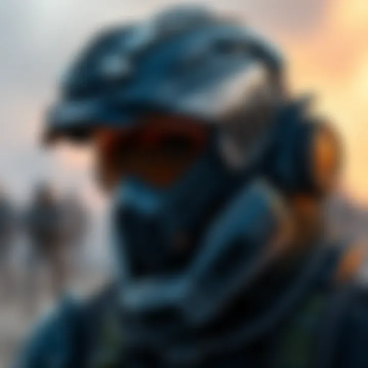 Close-up of a SCAV character wearing a detailed helmet, showcasing its design and texture, with a blurred backdrop of a battlefield.
