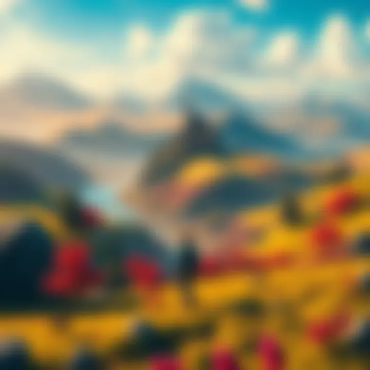 A colorful game landscape featuring rolling hills, rivers, and a castle in the distance with characters exploring freely.