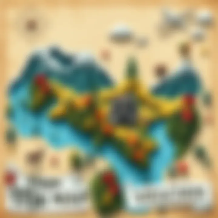 A colorful map showcasing mountains, rivers, and forests with artistic elements.