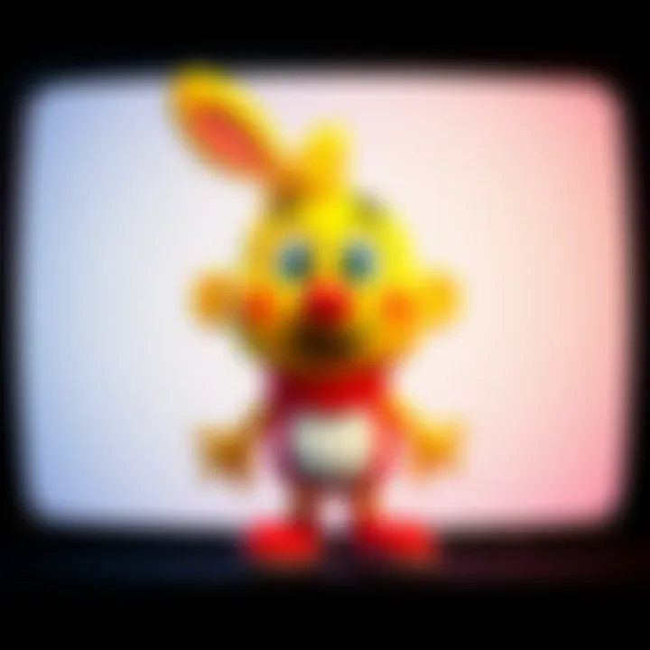 Schmingel, a whimsical cartoon character with bright colors and a playful expression, stands in front of a simple background, symbolizing his brief yet memorable presence.