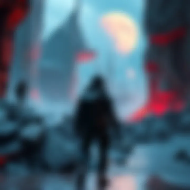 A player character exploring a futuristic ruined city with alien structures and artifacts in the background.