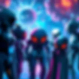 Various sci-fi RPG characters including nonhuman species in a vibrant gaming environment