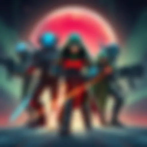A group of diverse sci-fi RPG characters with futuristic gear and weapons in a vibrant alien setting