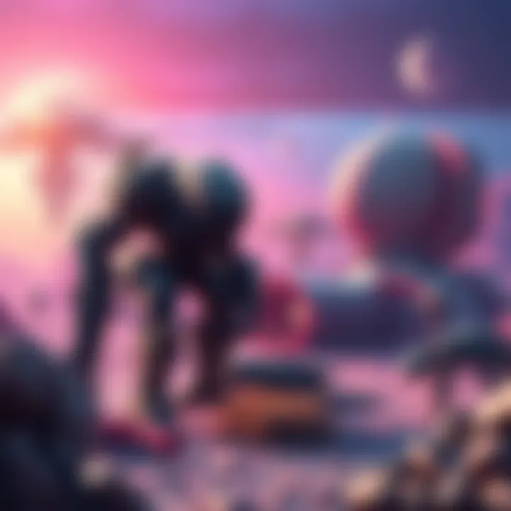 A colorful alien planet with a mech repairing its exosuit while building defenses against attackers in the background