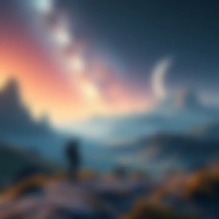 A futuristic landscape with advanced technology, featuring a lone character exploring vast terrains under a starry sky.
