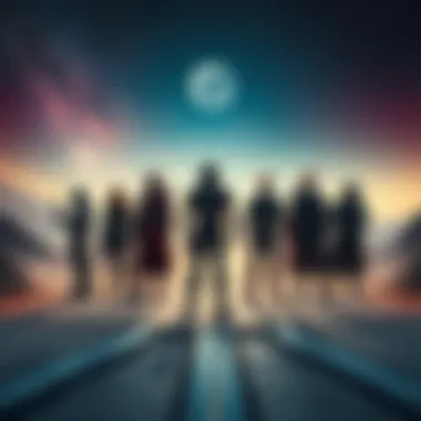 A group of futuristic heroes standing at a crossroads, contemplating their next move amid a starry sky and alien landscape.