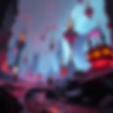 A surreal landscape featuring nonhuman characters exploring a dense environment filled with strange structures and glowing elements, ideal for note-taking fans.