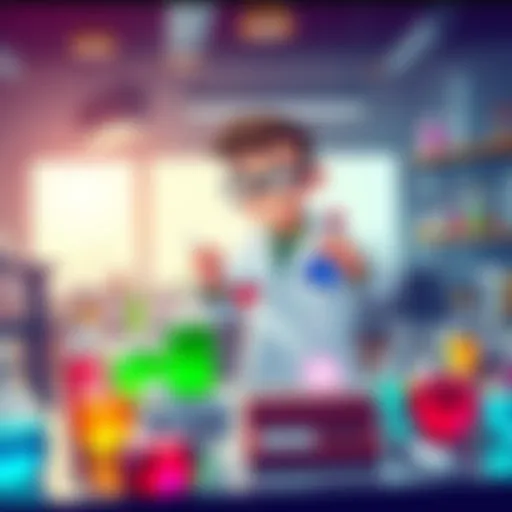 A cartoon scientist experimenting with colorful liquids in a lab setting, surrounded by various scientific tools and equipment.