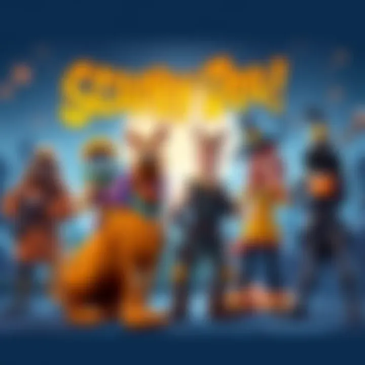 Scooby Doo character alongside Fortnite characters with Halloween-themed backgrounds and items