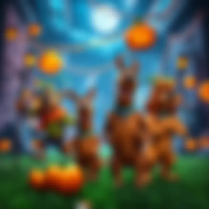 Scooby-Doo and his friends in Fortnite costumes during a Halloween event, with spooky decorations and themed challenges around them.