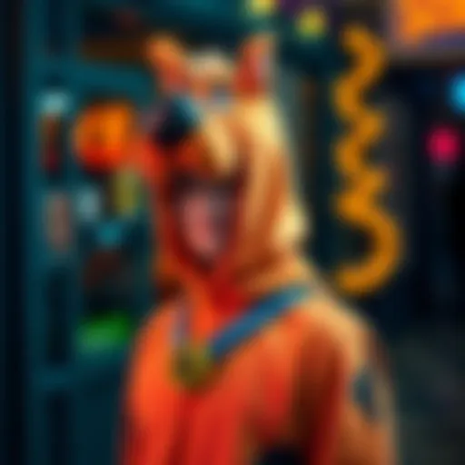 A person dressed in a colorful Scooby-Doo costume, showcasing creative custom perks like funky accessories and playful elements, perfect for Halloween or themed events.