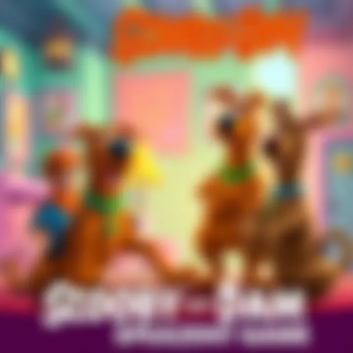 Concept art featuring Scooby-Doo and his friends in a colorful setting, discussing ideas for a new game