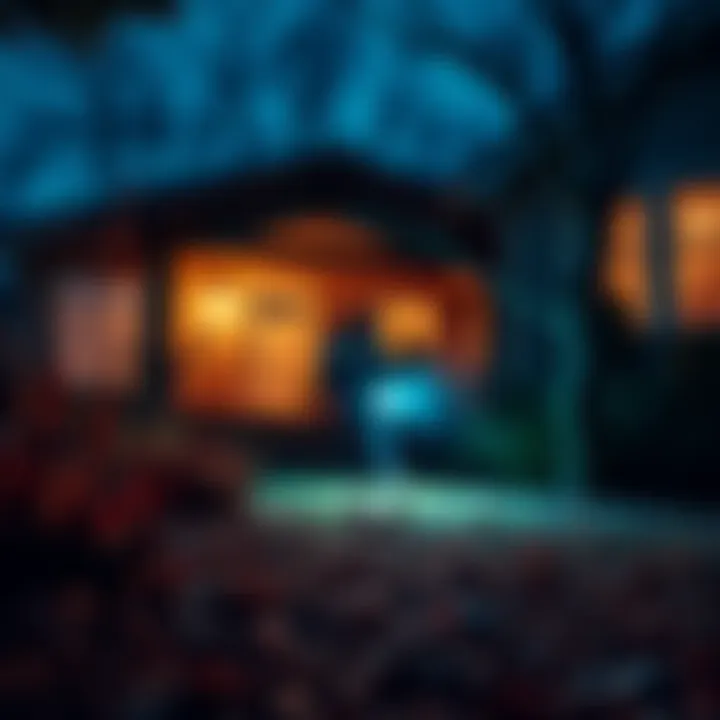 Scorpion prevention tips A homeowner inspecting their yard for scorpions while using a flashlight at night.
