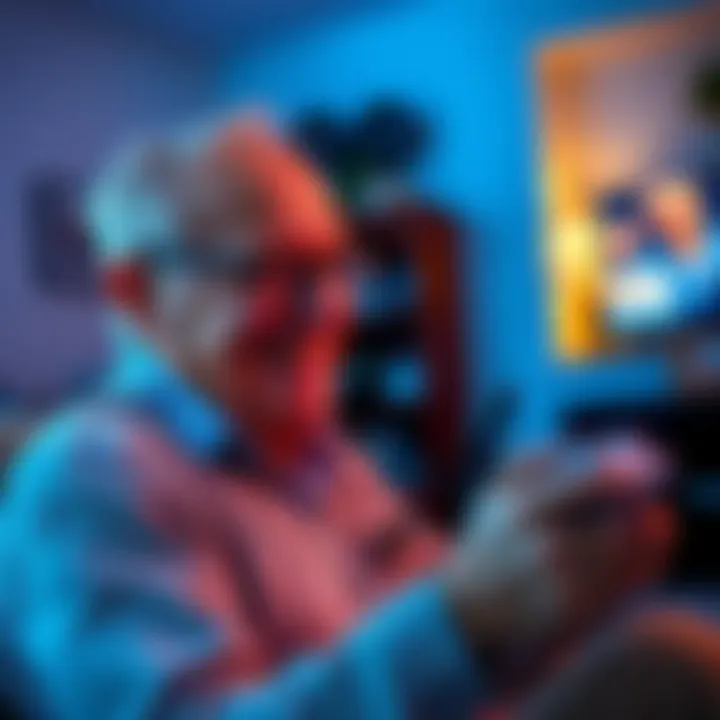 A 70-year-old Scottish man smiling while playing a video game, showing joy and engagement, with a cozy room setting in the background.