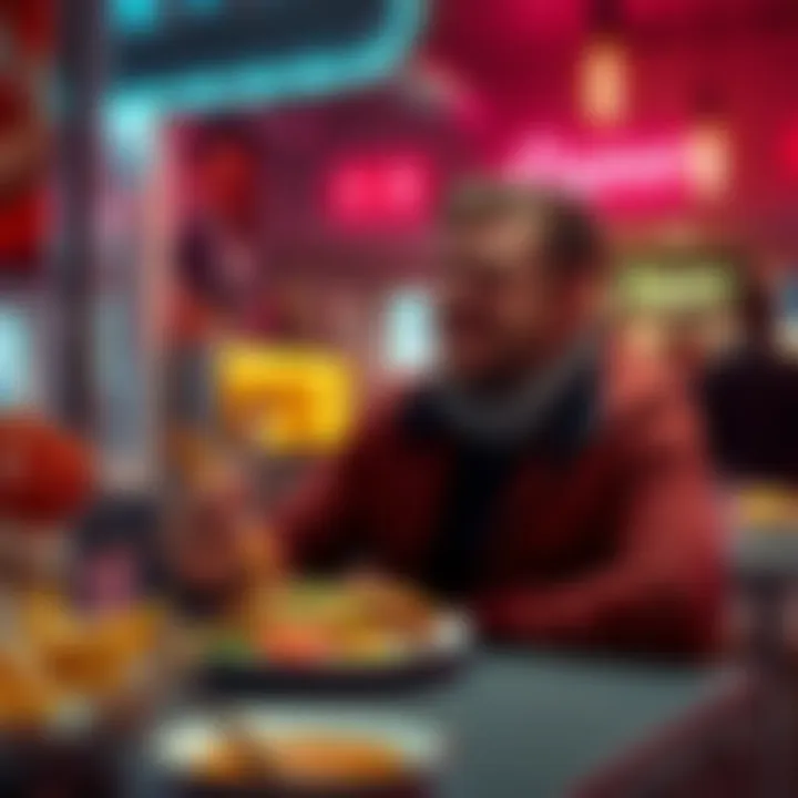 A happy person named Scotty enjoying a plate of Ospuze at a cozy lunch spot, surrounded by delicious food options.