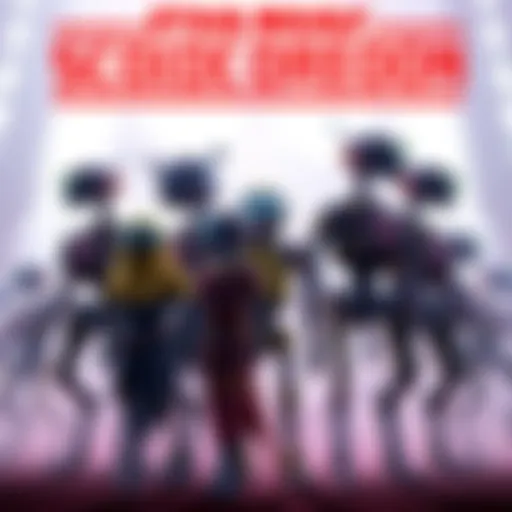 A group of new Scourge Droids standing together, showcasing their unique designs and features, with the game's logo in the background.